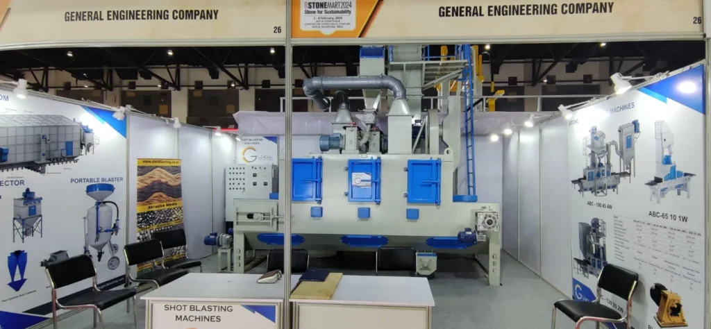 GEC Blasting at India Stonemart 2024 Jaipur showcasing shot blasting solutions for stone industry.
